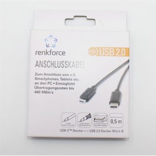 Renkforce USB 2.0 Anschlusskabel 1x USB-C? Stecker - 1x USB 2.0 Stecker Micro-B 0.5 m Schwarz vergoldete Steckkontakt