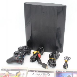 Sony PlayStation 3 super slim 120 GB schwarz CECH-4004A gebraucht + 3 Spiele